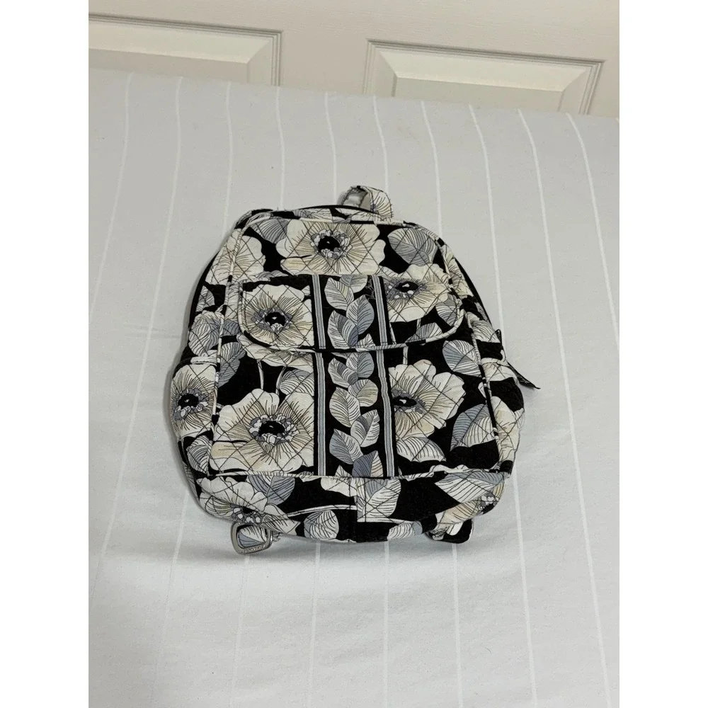 Vera Bradley Night and Day Floral Quilted Cotton Mini Backpack Black White Grey